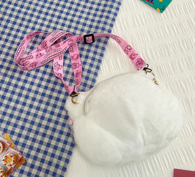 Plush Cartoon Cat Bow Crossbody Bag – Kawaii White Shoulder Purse
