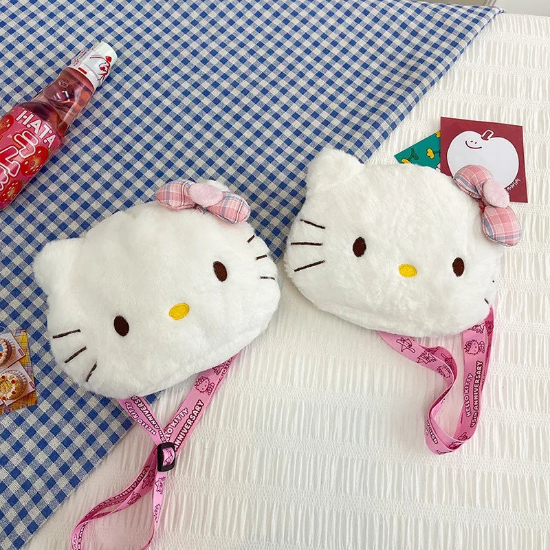 Plush Cartoon Cat Bow Crossbody Bag – Kawaii White Shoulder Purse