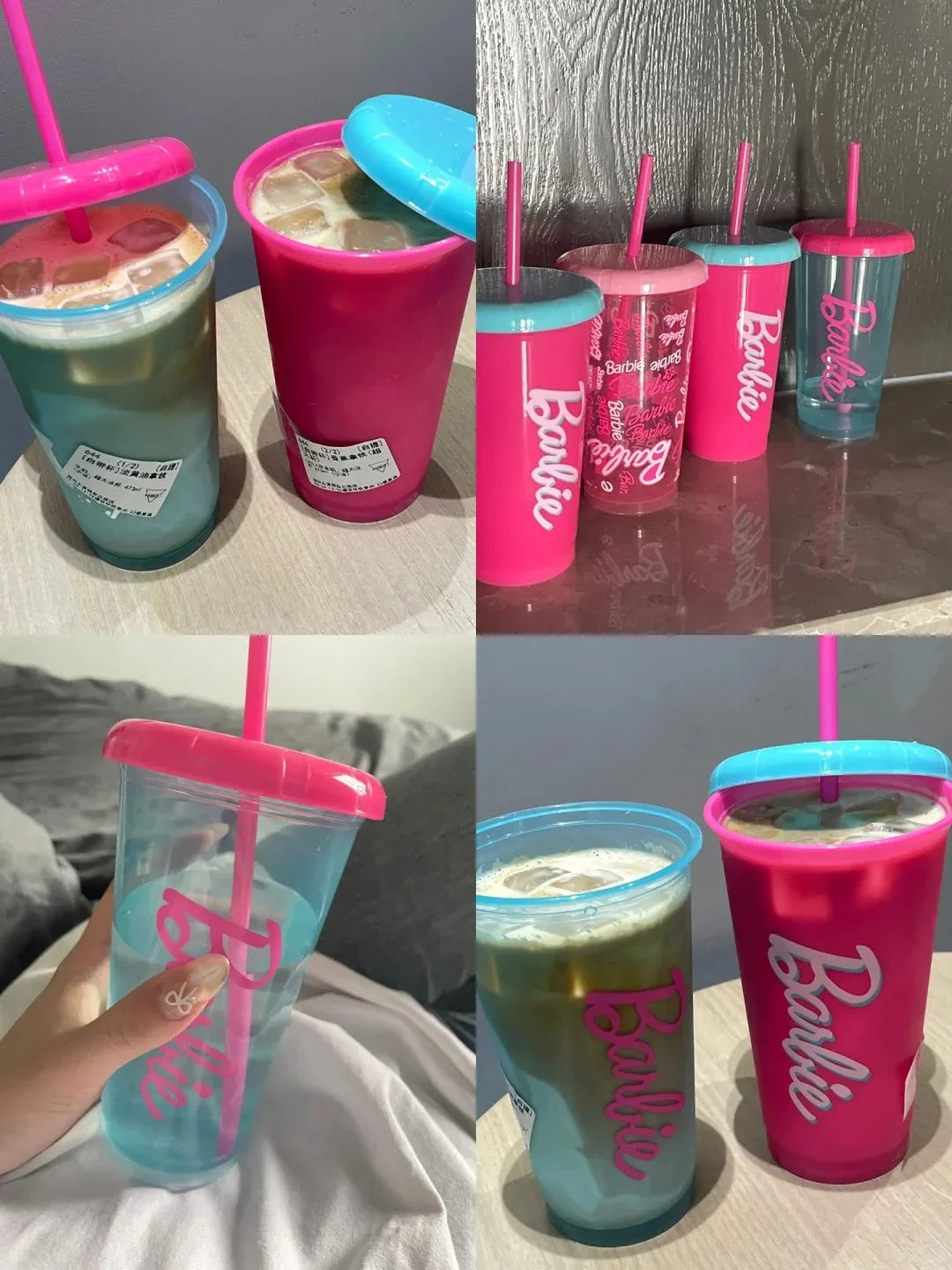 Pink Girl-Themed Party Cup Set – 4 Reusable Plastic Cups with Straws (17.6 oz)