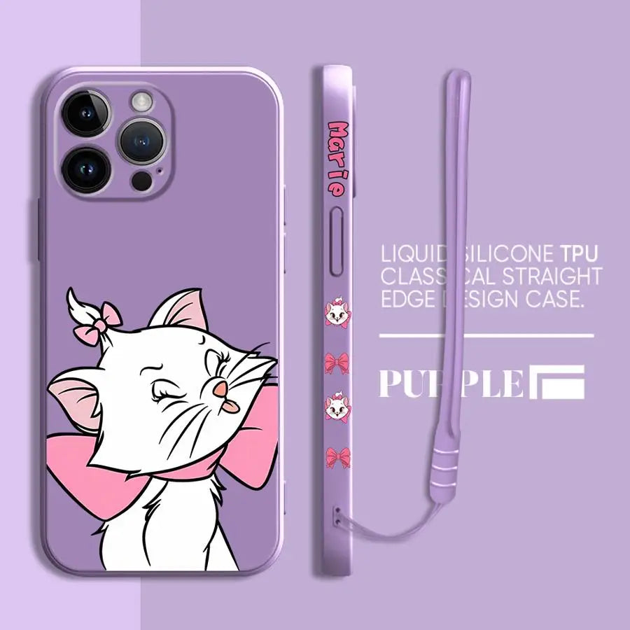 Pink Cartoon Cat Phone Case – Liquid Silicone Cover with Lanyard for iPhone 15 & 16