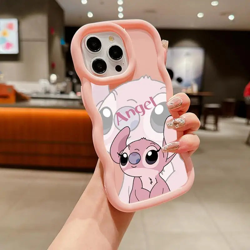 Wavy Edge Couple Case – Cute Blue Cartoon Silicone Cover for iPhone 15 & 16 Series