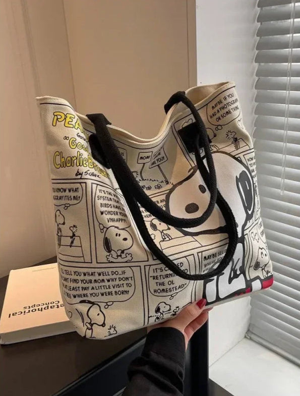 Cartoon Comic Print Canvas Tote – Large Shoulder Bag with Black Handles