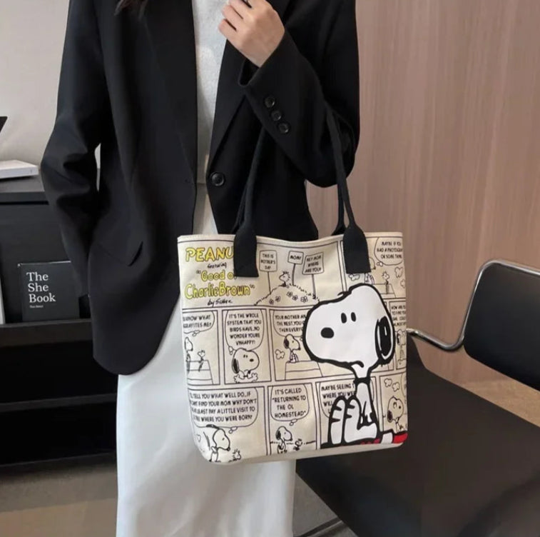 Cartoon Comic Print Canvas Tote – Large Shoulder Bag with Black Handles
