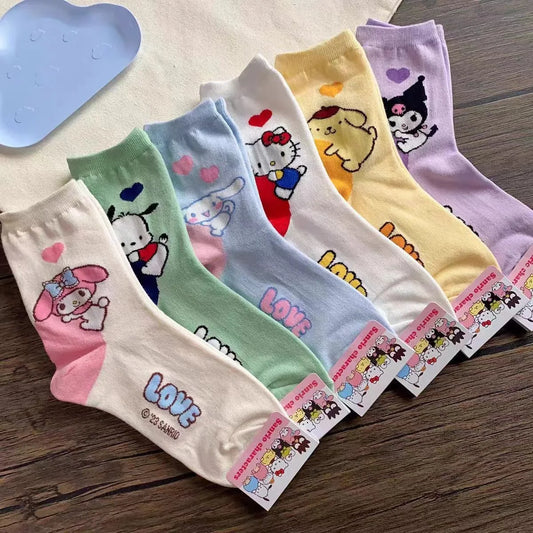 6-Piece Kawaii Cartoon Mid-Tube Socks Set – Soft Cotton Style for Girls