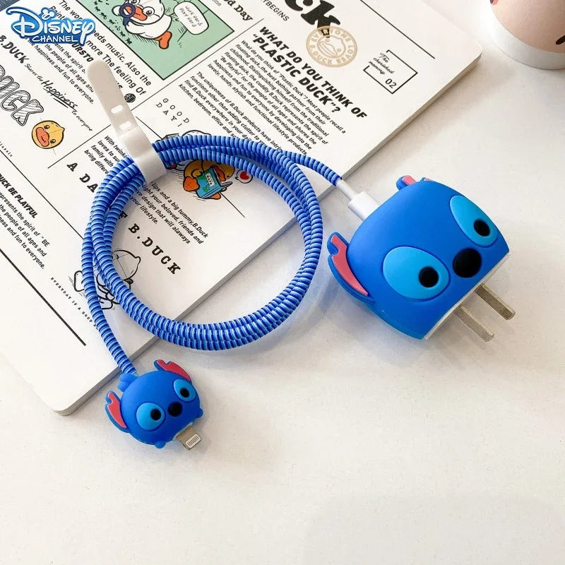 Kawaii Blue Cartoon Charging Cable Set – USB Cord with Winder & Plug Cover