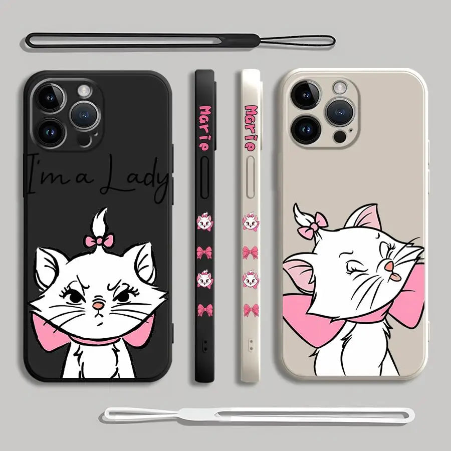 Pink Cartoon Cat Phone Case – Liquid Silicone Cover with Lanyard for iPhone 15 & 16