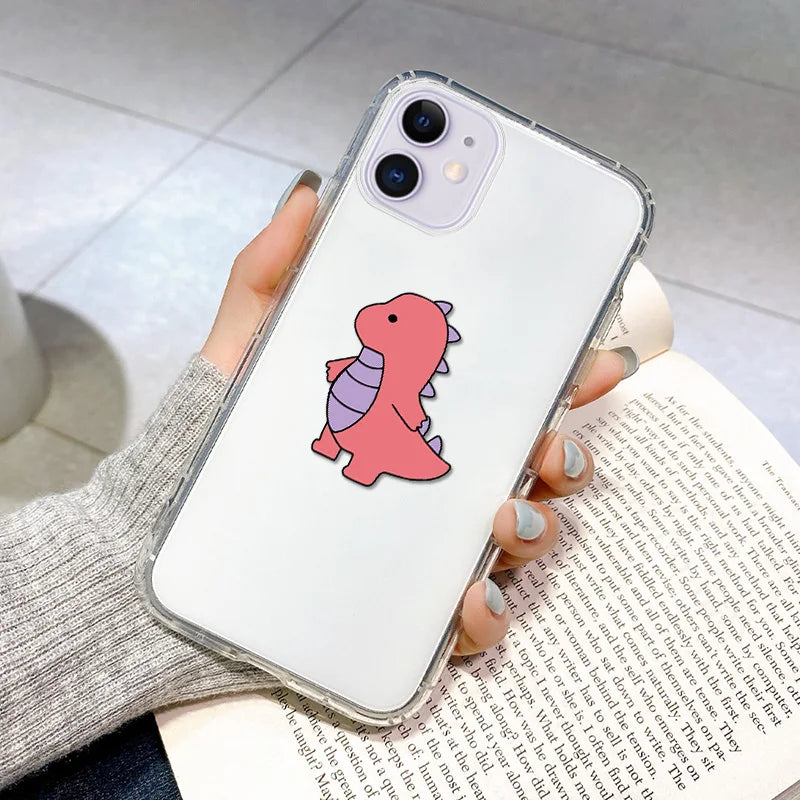 Cute Dinosaur Couple Phone Case – Clear Silicone Cover for iPhone 15 & 16