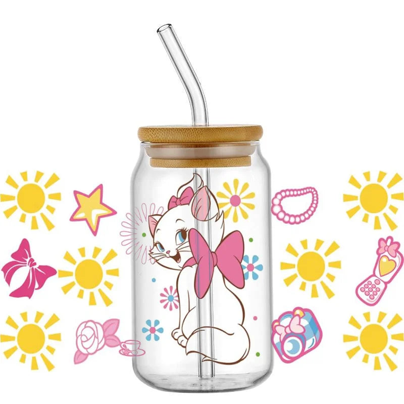 Cute White Cup Wrap – Waterproof UV Transfer Sticker for 16oz Glass