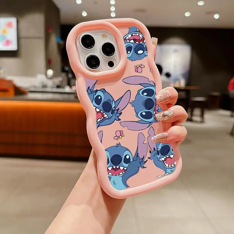 Wavy Edge Couple Case – Cute Blue Cartoon Silicone Cover for iPhone 15 & 16 Series