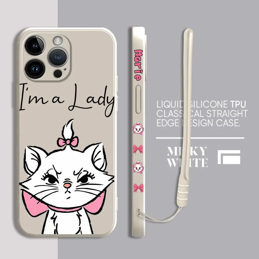 Pink Cartoon Cat Phone Case – Liquid Silicone Cover with Lanyard for iPhone 15 & 16