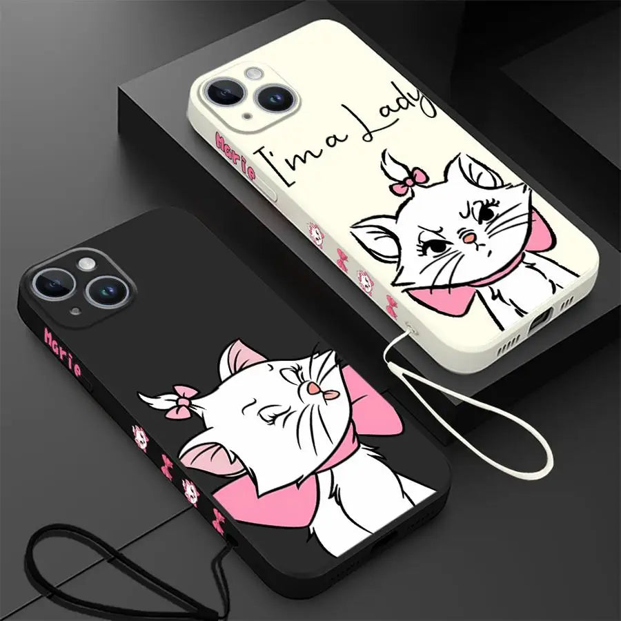 Pink Cartoon Cat Phone Case – Liquid Silicone Cover with Lanyard for iPhone 15 & 16