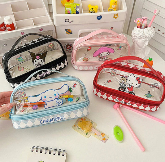 Kawaii Double-Layer Transparent Pencil Case – Large Capacity