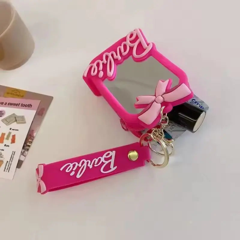 Mini Pink Silicone Wallet – Mirror Coin Pouch with Keychain & Bow