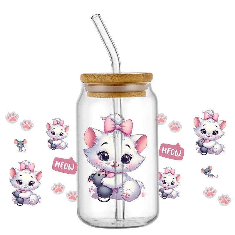 Cute White Cup Wrap – Waterproof UV Transfer Sticker for 16oz Glass