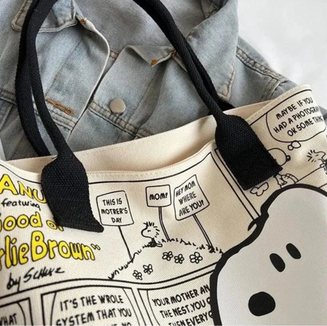 Cartoon Comic Print Canvas Tote – Large Shoulder Bag with Black Handles