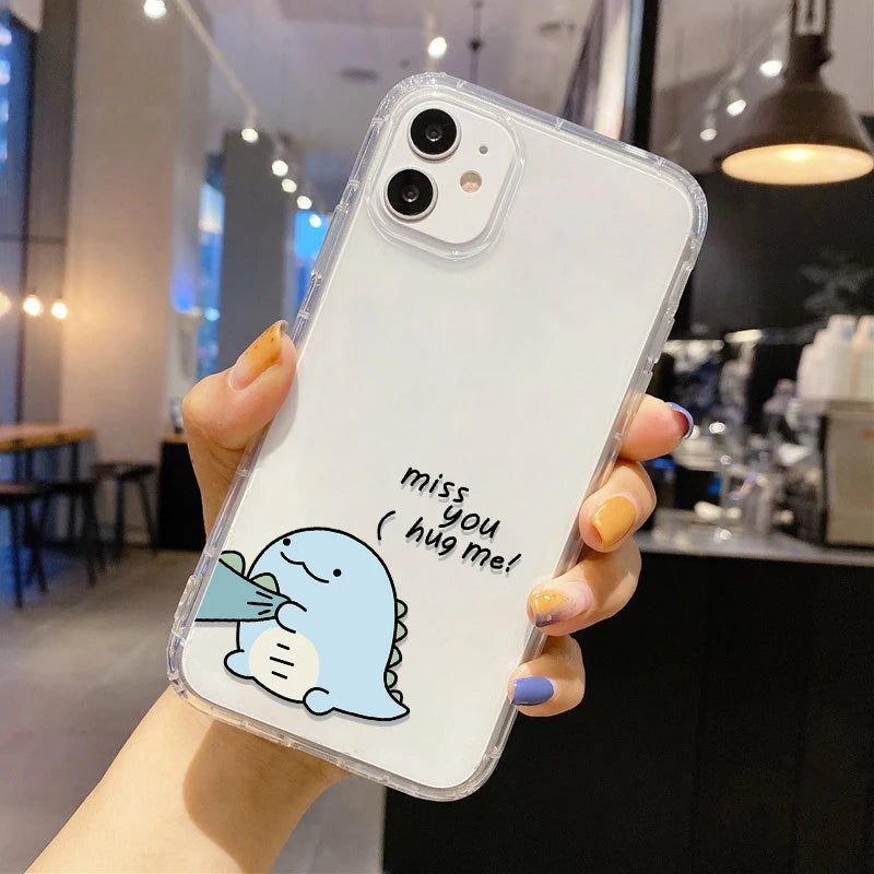 Cute Dinosaur Couple Phone Case – Clear Silicone Cover for iPhone 15 & 16