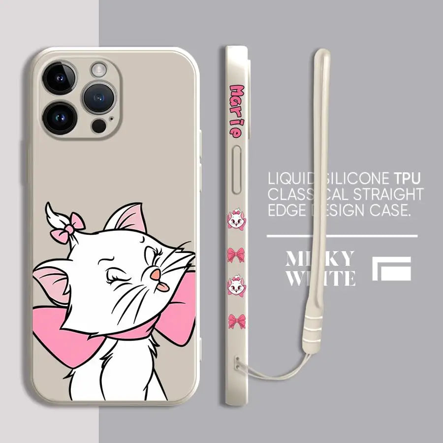 Pink Cartoon Cat Phone Case – Liquid Silicone Cover with Lanyard for iPhone 15 & 16