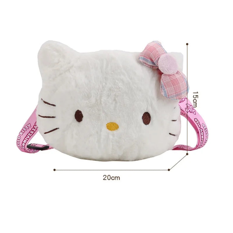 Plush Cartoon Cat Bow Crossbody Bag – Kawaii White Shoulder Purse