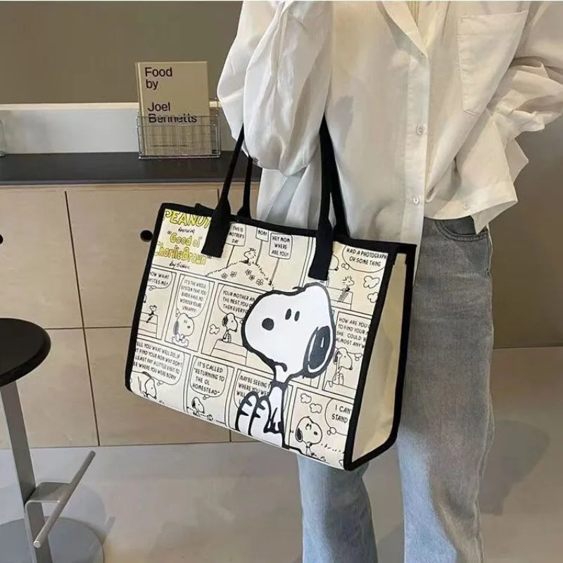 Kawaii Cartoon Canvas Tote Bag – Large Capacity Zippered Shoulder Bag