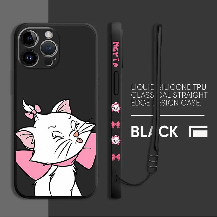Pink Cartoon Cat Phone Case – Liquid Silicone Cover with Lanyard for iPhone 15 & 16