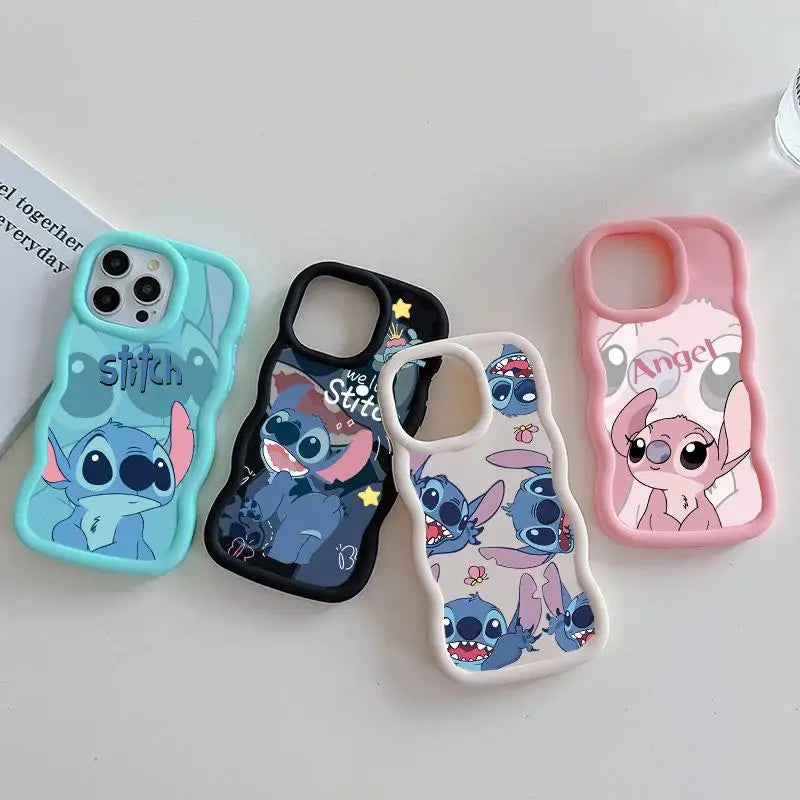 Wavy Edge Couple Case – Cute Blue Cartoon Silicone Cover for iPhone 15 & 16 Series