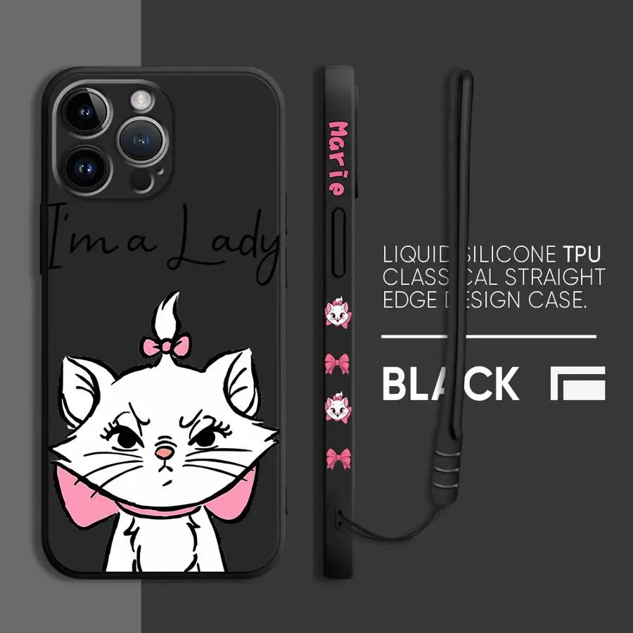 Pink Cartoon Cat Phone Case – Liquid Silicone Cover with Lanyard for iPhone 15 & 16