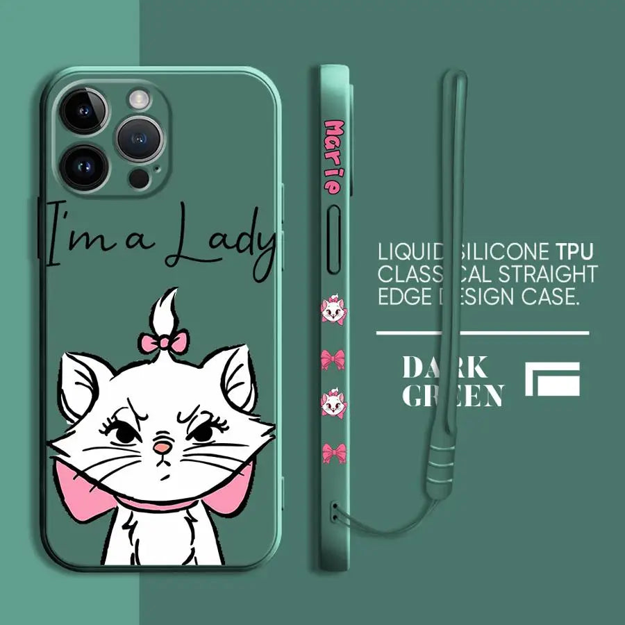 Pink Cartoon Cat Phone Case – Liquid Silicone Cover with Lanyard for iPhone 15 & 16