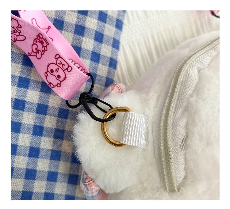 Plush Cartoon Cat Bow Crossbody Bag – Kawaii White Shoulder Purse