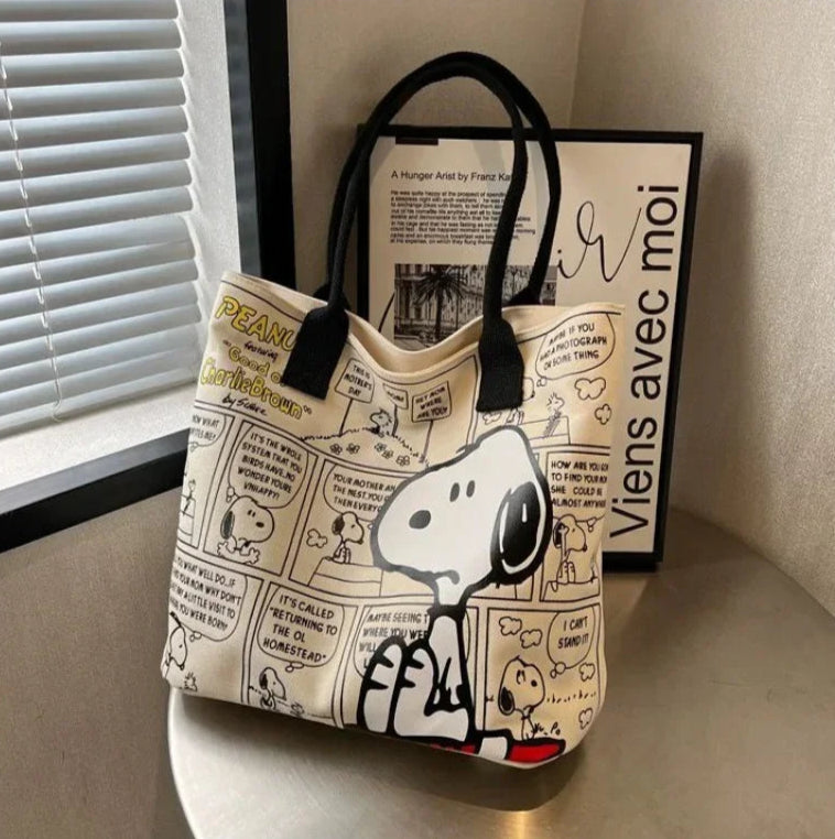 Cartoon Comic Print Canvas Tote – Large Shoulder Bag with Black Handles