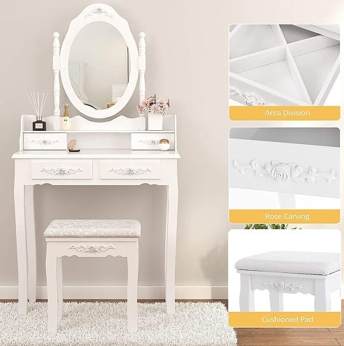 Vanity Table Set with Stool – 4 Drawers & 360° Rotating Mirror