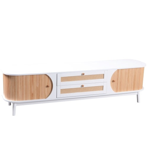 TV Cabinet with Rattan Drawers – White & Wood Media Console for 50–59” TVs