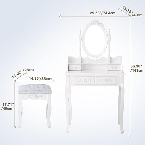 Vanity Table Set with Stool – 4 Drawers & 360° Rotating Mirror