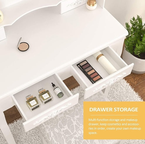 Vanity Table Set with Stool – 4 Drawers & 360° Rotating Mirror