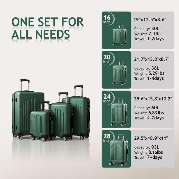 All-in-One 4-Piece Luggage Set – Retro Green Travel Suitcases (16” to 28”)