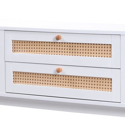 TV Cabinet with Rattan Drawers – White & Wood Media Console for 50–59” TVs